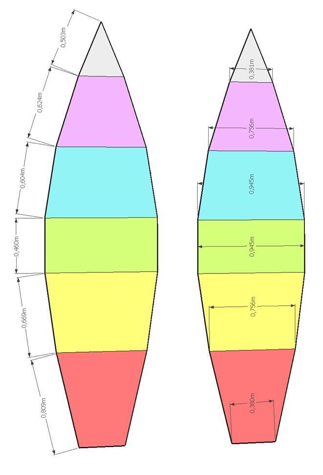 a drawing of a surfboard with different colors and sizes on the bottom, top and bottom