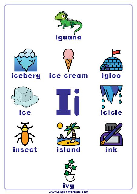 the letter i is for ice cream and it has pictures of different things on it