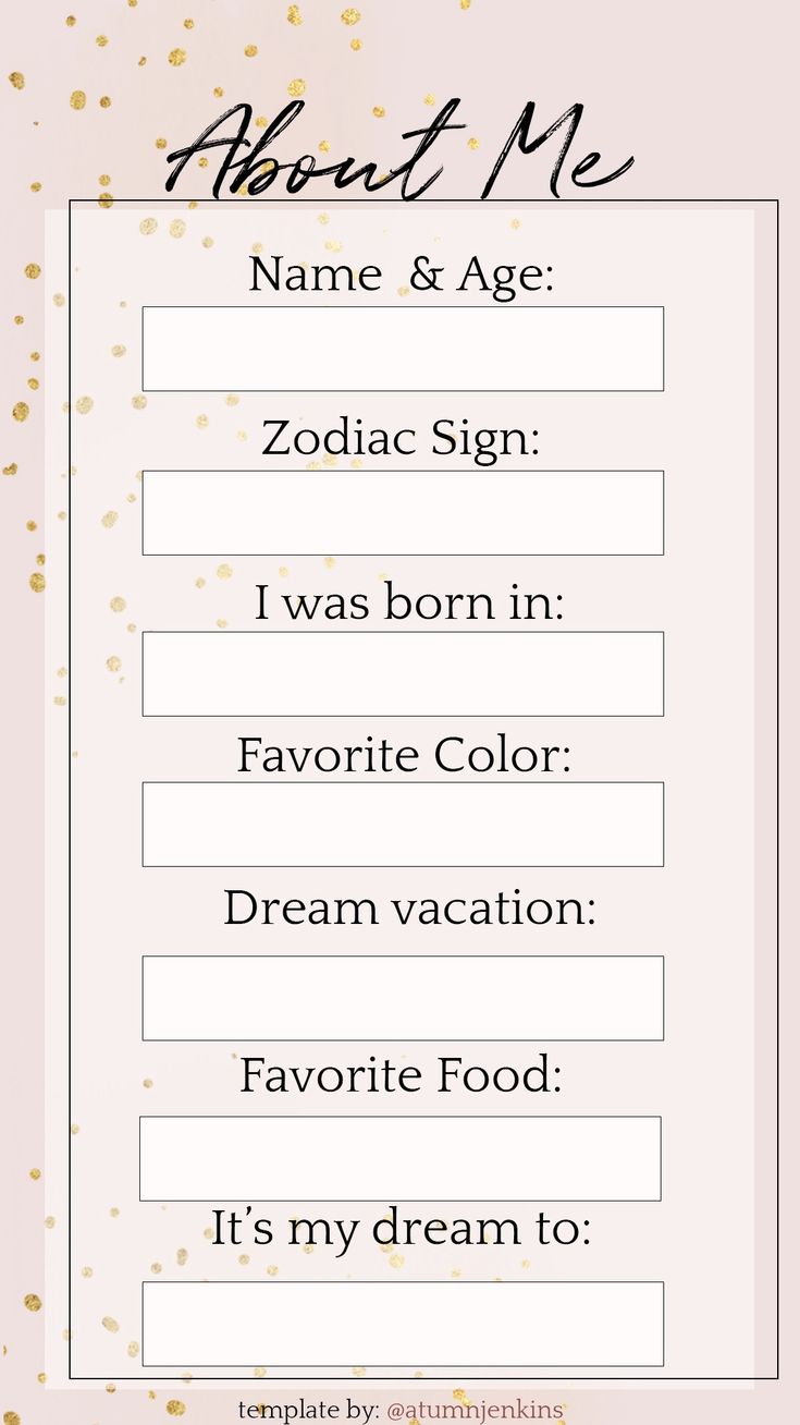 a sign that says, about me name and age zodiac sign i was born in favorite color dream vacation