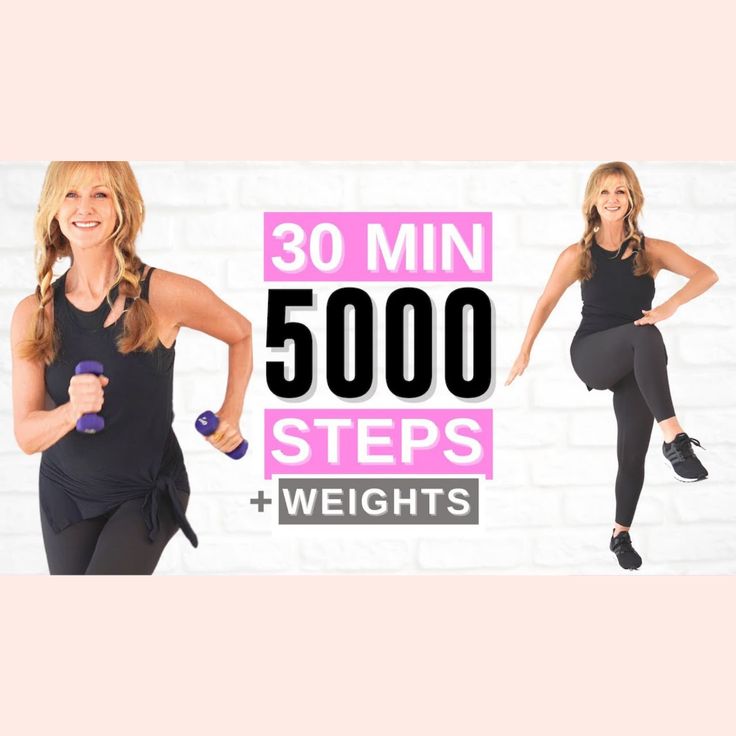 a woman in black shirt and leggings holding a dumbbell with the words 30 min 5000 steps + weights