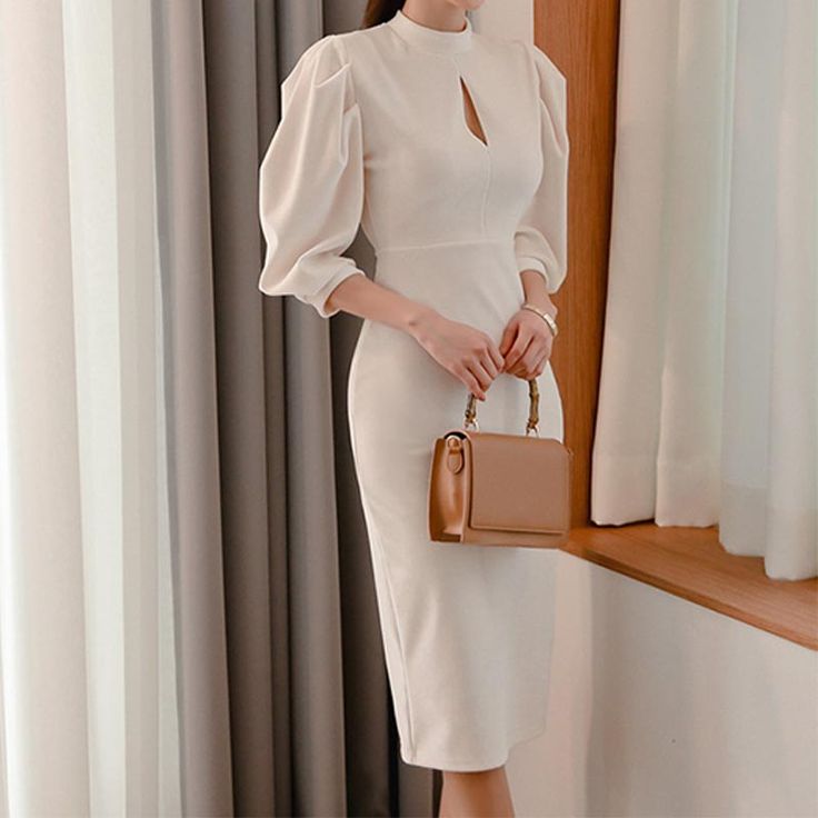 Code: 887763E49Pattern: Solid Material: Polyester Neckline: Mock neckLength: Knee Length Sleeve Length: Long Style: Elegant Season: Autumn Size(cm) Length Bust Hip Sleeve Length Waist S 109 82 84 46 68 M 110 86 88 47 72 L 111 90 92 48 76 XL 112 94 96 49 80 Puff Sleeve Bodycon Dress, Dresses Office, Empire Waist Dress Pattern, Professional Skirt, Sheath Dresses Pattern, Fashion Stand, Elegant Dresses Classy, Bodycon Dress With Sleeves, Lace Skater Dress