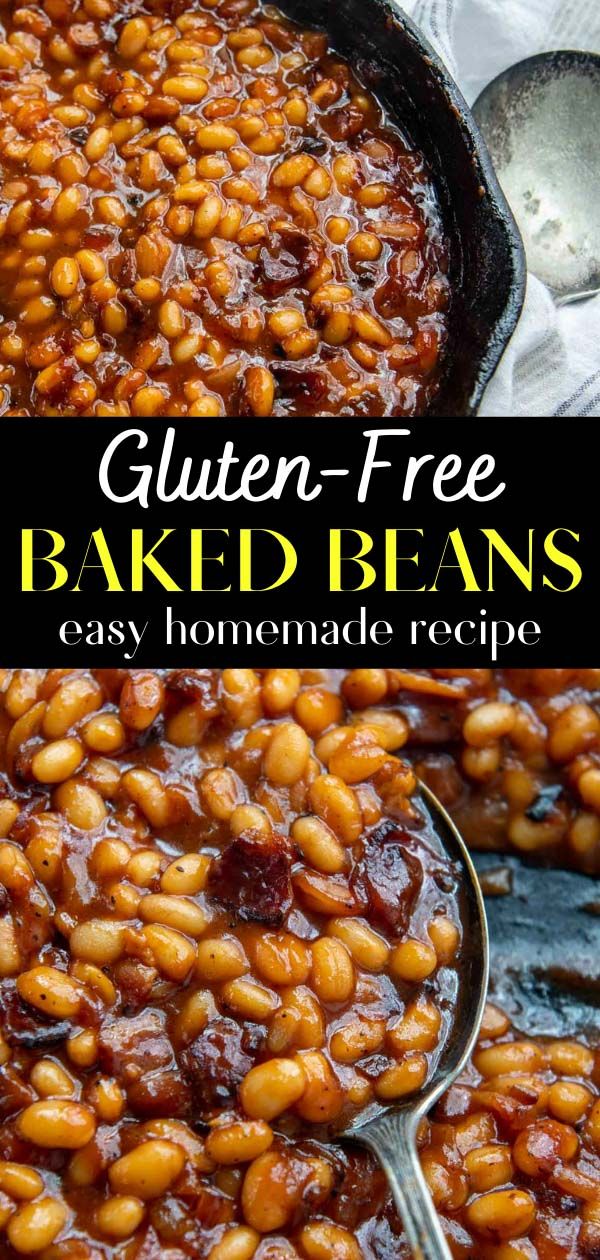 gluten - free baked beans in a cast iron skillet