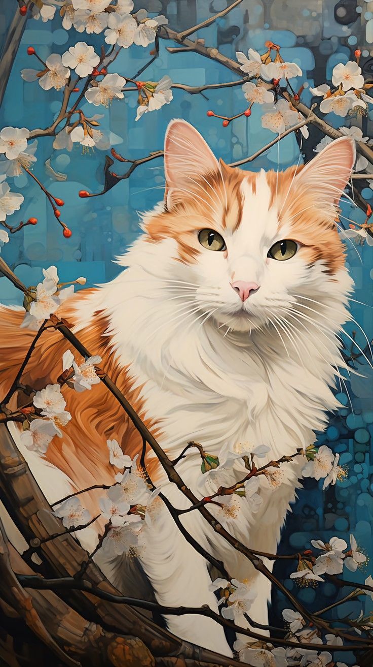 an orange and white cat sitting on top of a tree branch next to some flowers