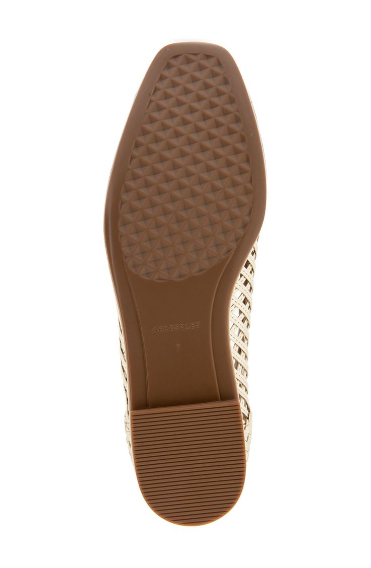 A square toe adds modern polish to a classic loafer-inspired flat with a woven vamp and a shock-absorbing sole. Synthetic upper, lining and sole Imported Synthetic Flats With Rubber Sole For Office, Flats With Woven Sole And Round Toe For Work, Round Toe Flats With Woven Sole For Workwear, Flat Heel Synthetic Oxfords With Textured Sole, Synthetic Oxfords With Textured Sole And Flat Heel, Workwear Flats With Woven Sole And Round Toe, Formal Woven Leather Flats With Round Toe, Synthetic Flats With Textured Sole For Office, Brown Pointed Toe Flats With Woven Sole