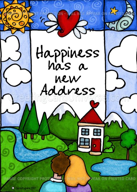 a greeting card with an image of a couple hugging in front of a house and the words happiness has a new address