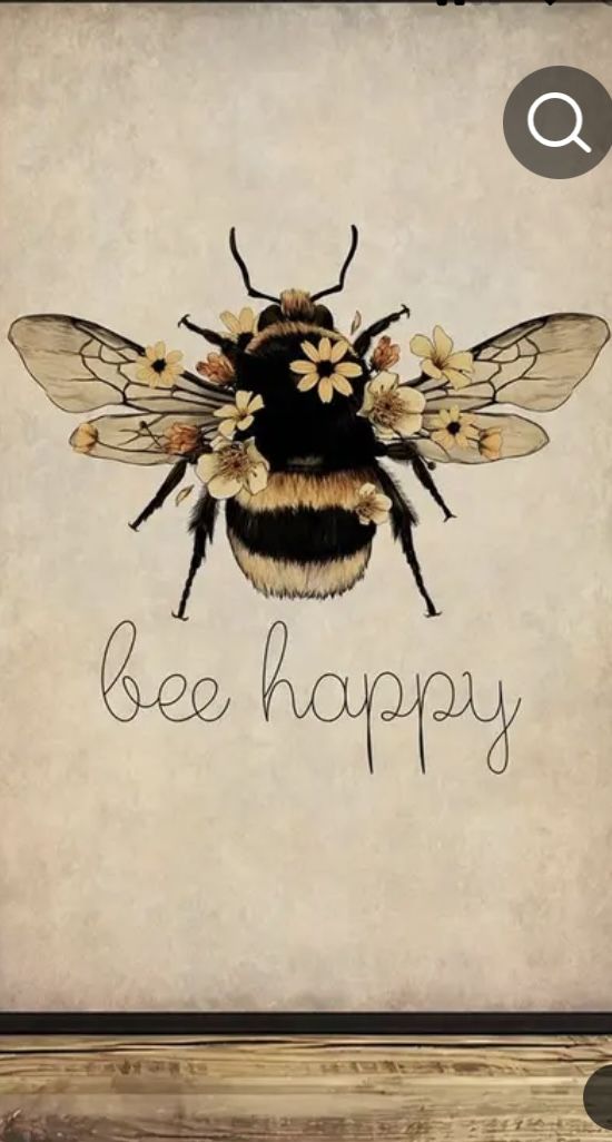 a bee with flowers on it's chest and the words bee happy written in black