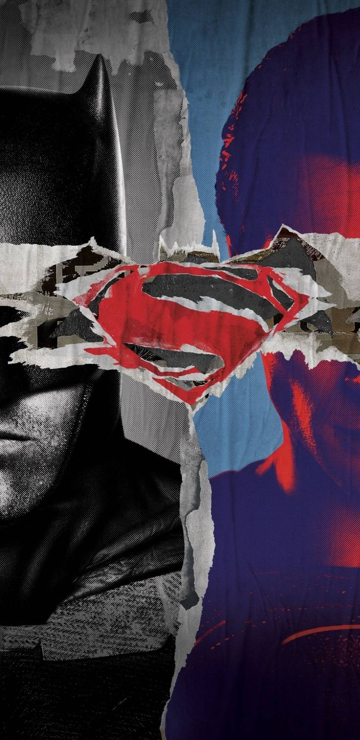 a collage of batman and superman movie characters with torn up paper on them, including the man in the red shirt