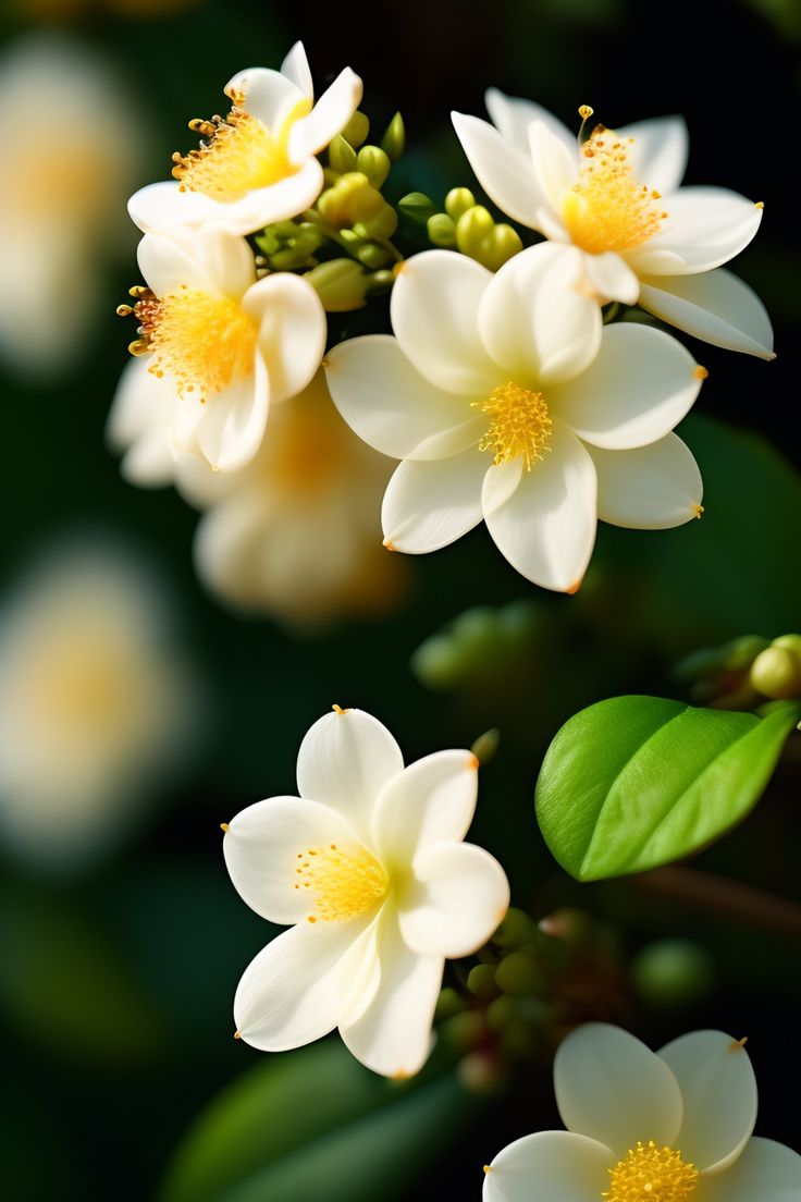 some white flowers with yellow centers and green leaves