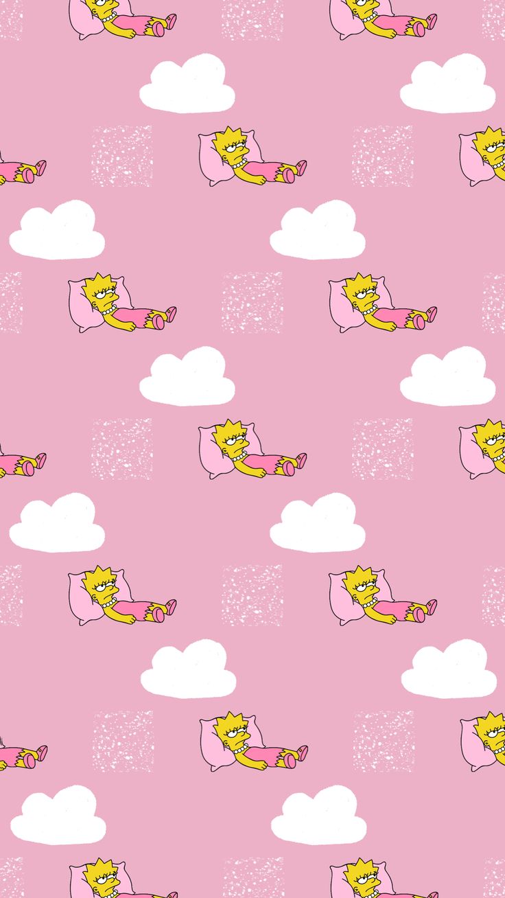 a pink wallpaper with cartoon animals flying in the sky and clouds on it's sides