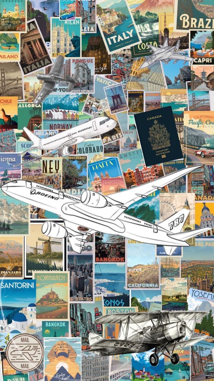 a collage of travel photos with an airplane in the middle and many other pictures