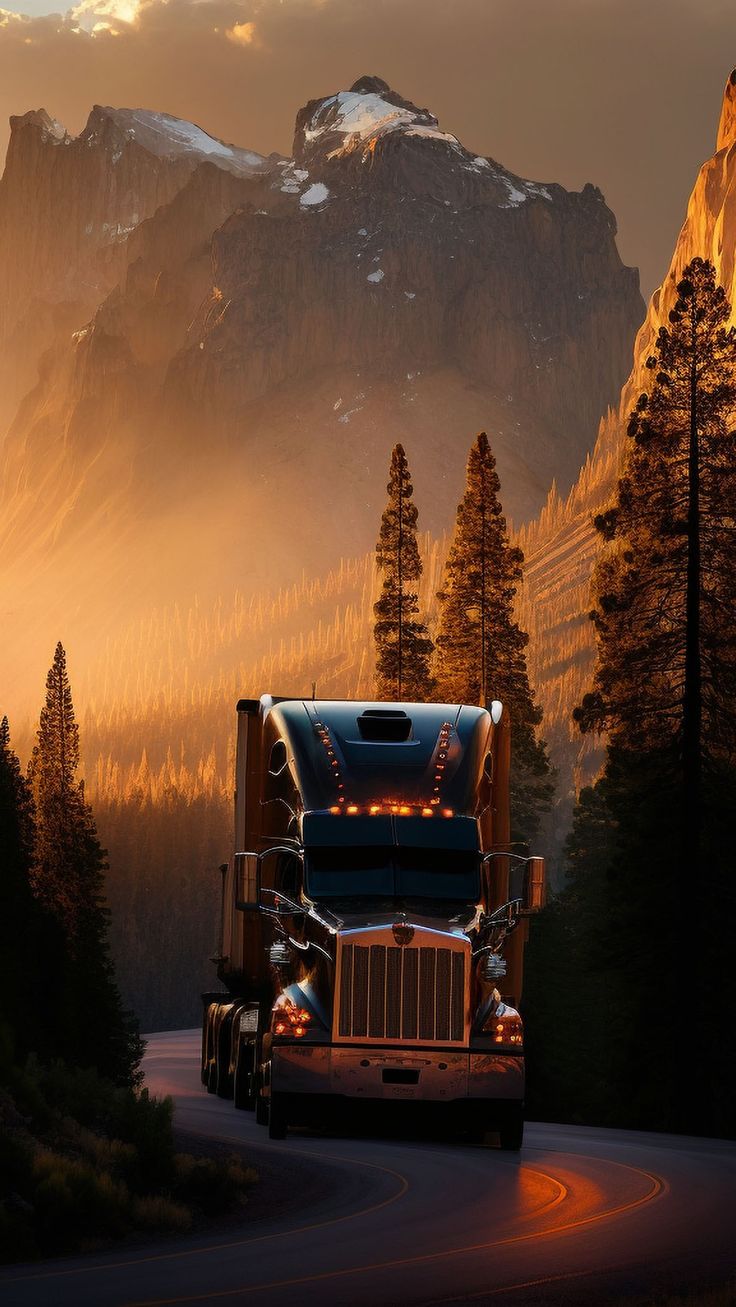 a semi truck driving down the road in front of mountains and pine trees at sunset