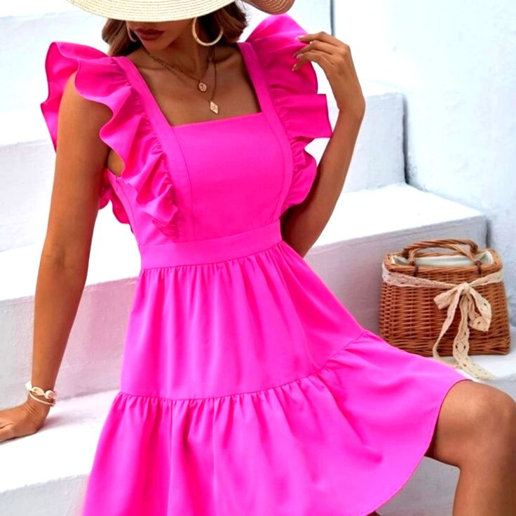 Pink Ruffled Dress A-line Midi Dress With Ruffles For Garden Party, Chic Dresses With Lined Ruffled Straps, Chic A-line Ruffle Dress For Spring, Chic Lined Dresses With Ruffled Straps, Chic Dresses With Ruffled Straps And Lined, A-line Sundress With Ruffle Hem, Sundress With A-line Ruffle Hem, Pink A-line Midi Dress With Ruffles, Date Night Sundress With Ruffles