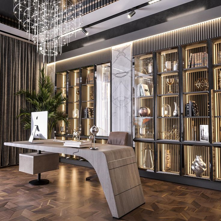 an office with a desk and shelves filled with books