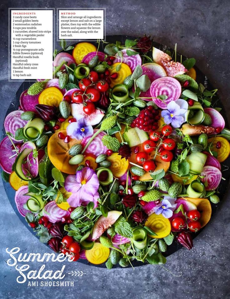 a plate filled with lots of different types of food on top of a blue table