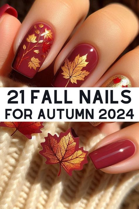 Gel Nails Autumn 2024, Fall Leaves Nails Acrylic, Beautiful Fall Nails Design, Autumn Leaf Nail Art, Autumn Nails 2024 Short, Fall Nail Designs With Pumpkins, Gel X Nail Ideas Almond, Nail Art Autumn 2024, Autumn Short Nails Design