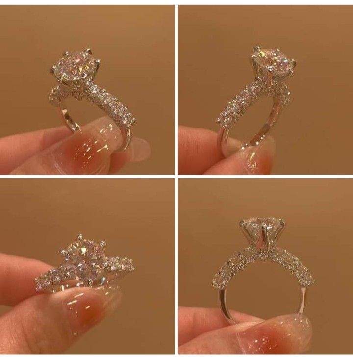 four different views of an engagement ring with diamonds on top and bottom, including the center stone