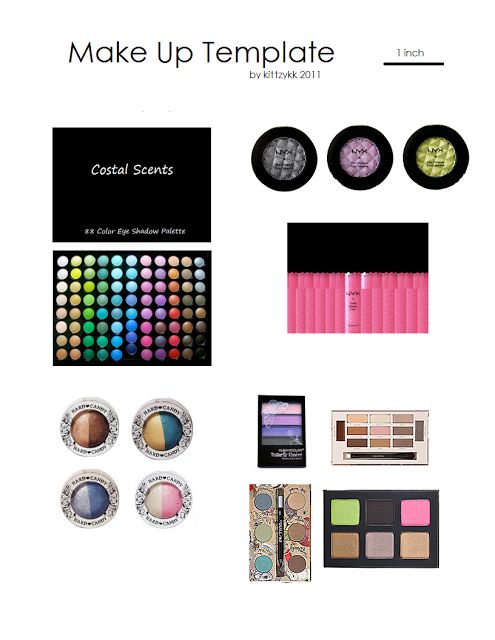 the contents of a makeup set are shown in this image, including eyeshades and cosmetics