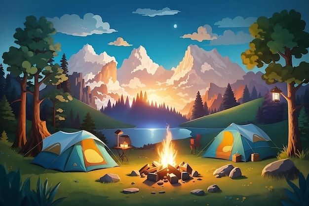 a campfire in the middle of a forest with tents