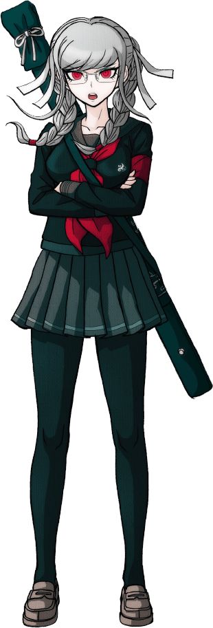 an anime character with grey hair and black clothes, holding a green object in her hand