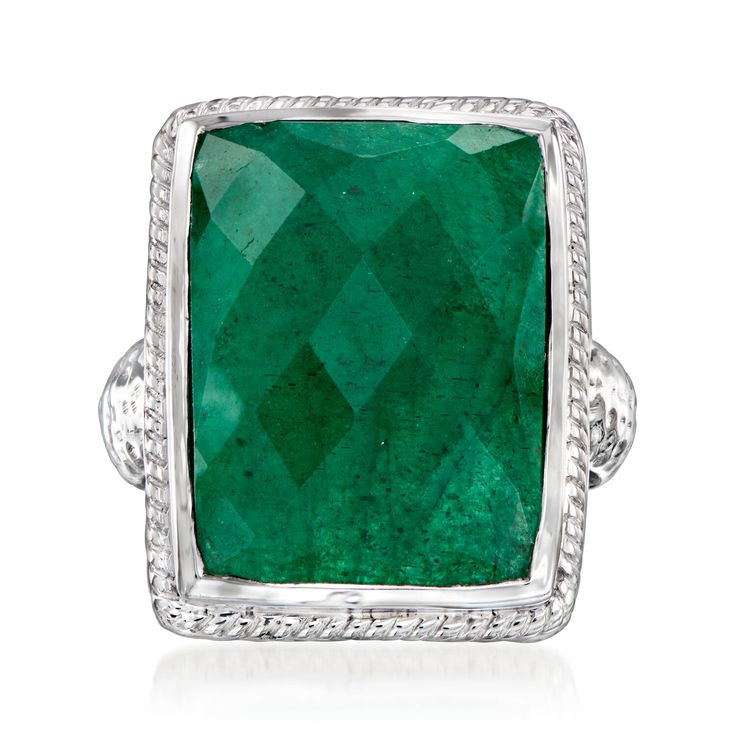 Ross-Simons - 15.00 Carat Emerald Ring in Sterling Silver. Size 6. Embrace a big emerald look for less! Our classic ring features an ample 15.00 carat rectangular emerald set in hammered and polished sterling silver. Sure to elevate your everyday outfits. 7/8" wide. Emerald ring. Emerald birthstones are the perfect gift for May birthdays. Formal Octagon Emerald Ring May Birthstone, Formal Octagon Emerald Ring For May Birthstone, Green Emerald Ring With Faceted Emerald Cut, Faceted Green Emerald Cut Emerald Ring, Green Faceted Emerald-cut Emerald Ring, Anniversary Faceted Emerald Ring, Rectangular Silver Emerald Ring For Formal Occasions, Classic Silver Emerald Ring With Rectangular Stone, Rectangular Sterling Silver Emerald Ring For Formal Occasions