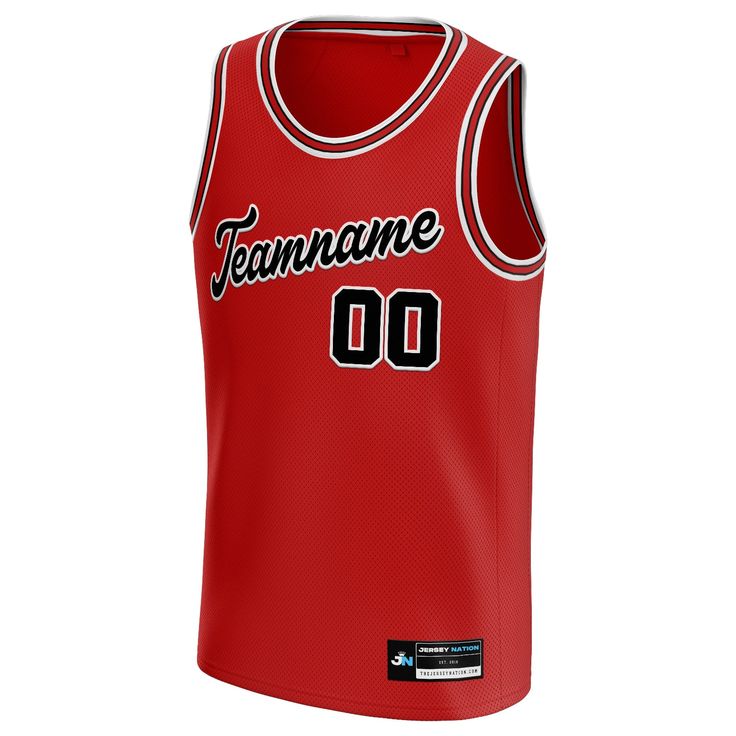 a red basketball jersey with the name teamnamee 00 on it and black lettering