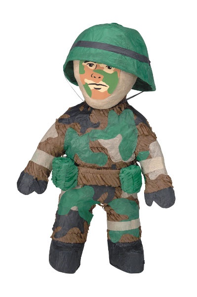 a stuffed toy soldier with green paint on it's face and chest, standing in front of a white background