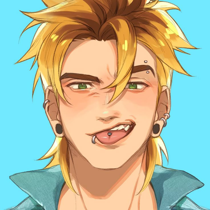 an anime character with blonde hair and piercings on his ears, smiling at the camera