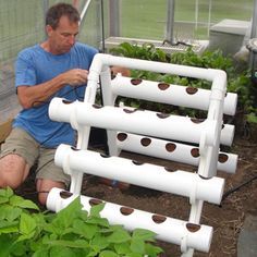 a man sitting on the ground in front of a garden with plants growing inside of it