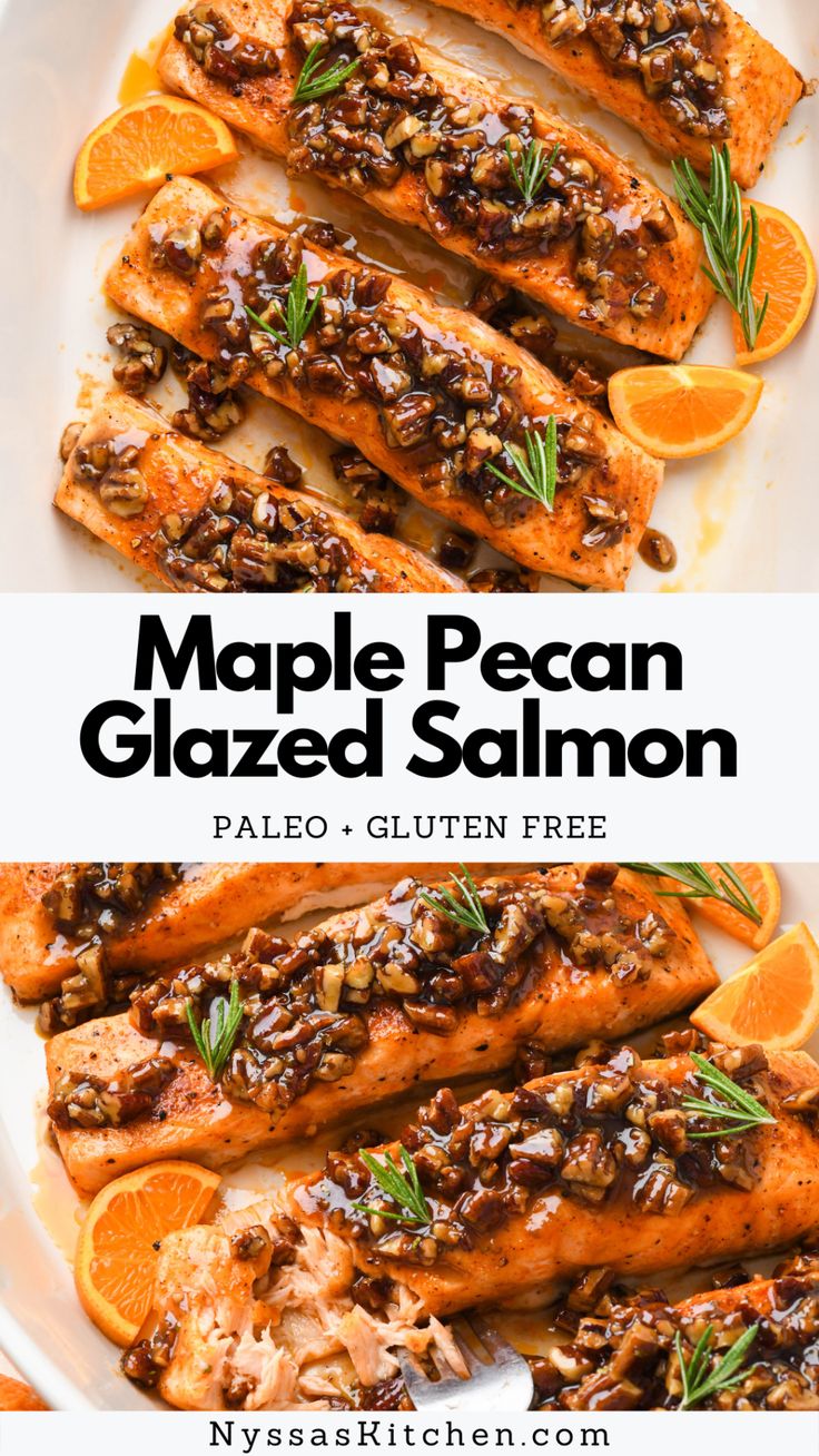 maple pecan glazed salmon on a white plate with orange slices and rosemary garnish