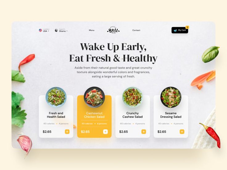 the website is designed to look like it has different food items on it, including salads and vegetables