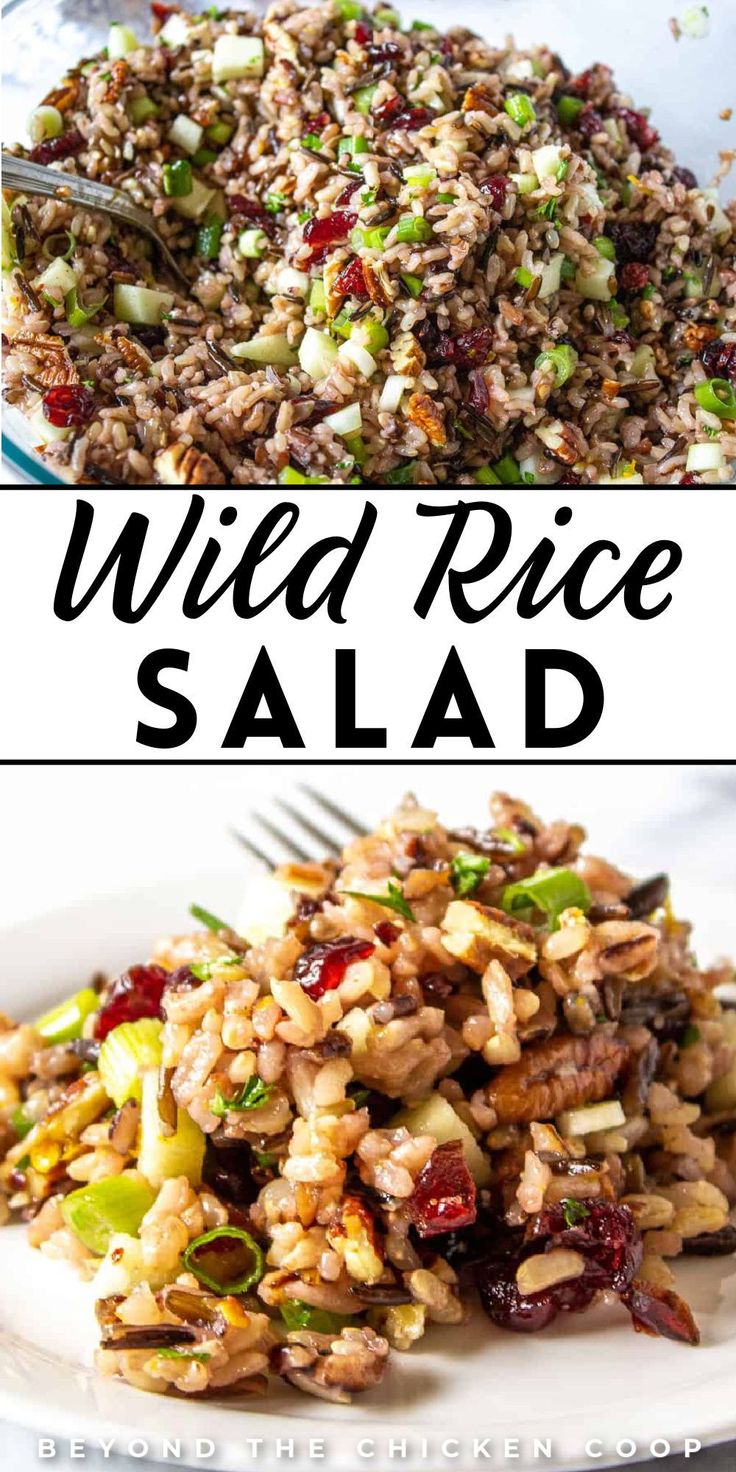 two pictures with the words wild rice salad on them