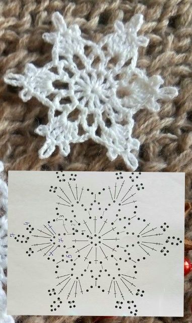 a crocheted snowflake is shown on the ground next to a piece of paper