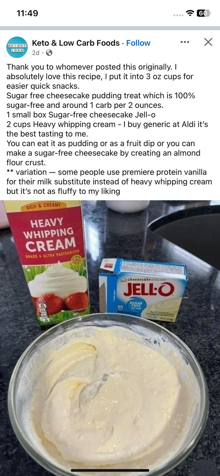 a bowl with cream and yogurt sitting on top of a counter next to boxes of jello