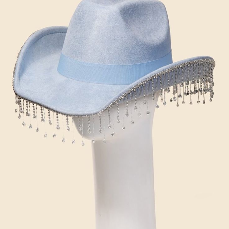 A Gorgeous Unique Must Have Trending Western Hat Has A Beautiful Rhinestone Fringe Western Hat Design. A Stunning Must Have For The Spring Season! This Item Is Sold In Packs Of 1. Adjustable Inner String This Item Is Made With: 90% Polyester 10% Alloy We Include A $1.75 Surcharge On This Item For Flat Rate Shipping Only. Blue Rhinestone Hat For Summer, Blue Summer Hat With Rhinestones, Adjustable Blue Hat With Rhinestones, Blue Adjustable Hat With Rhinestones, Rhinestone Fringe, Western Hat, Hat Design, Denim Hat, Western Hats