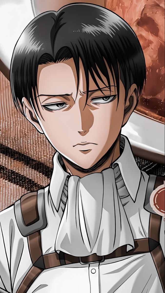 an anime character with black hair and suspenders looking at something in the distance while wearing a white shirt