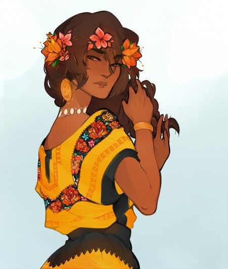 a drawing of a woman with flowers in her hair wearing a yellow top and black skirt