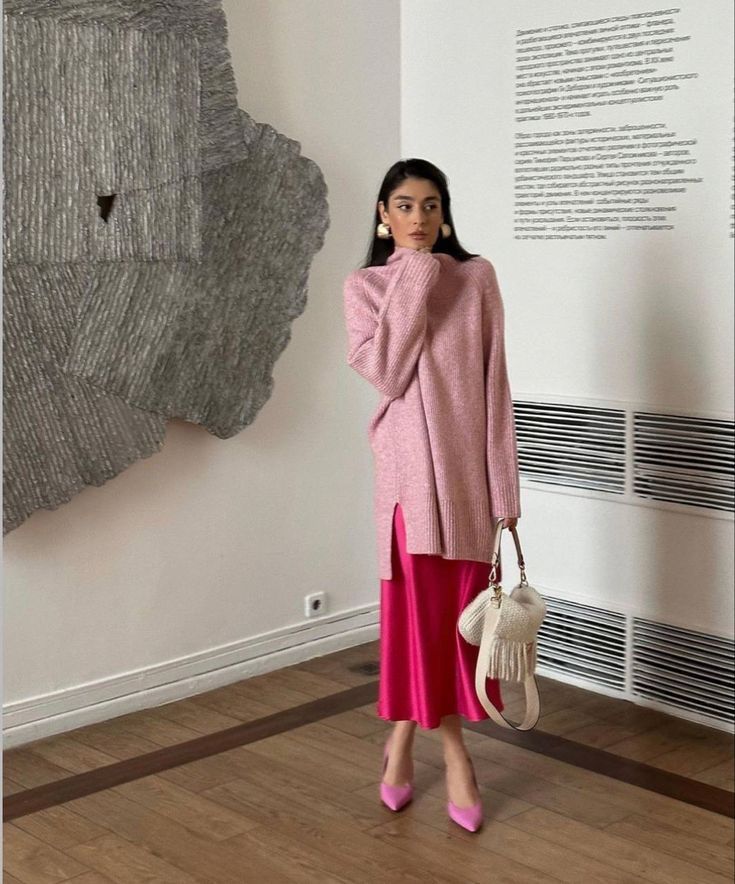 Elegant Spring Aesthetic, Tonal Pink Outfit, Wrap Dress Layering Outfit, Luxurious Winter Outfits, Maternity Modest Outfits, Classy Outfits Modest, Monochromatic Outfit Work, Colorful Summer Skirt, Colorful Elegant Outfits