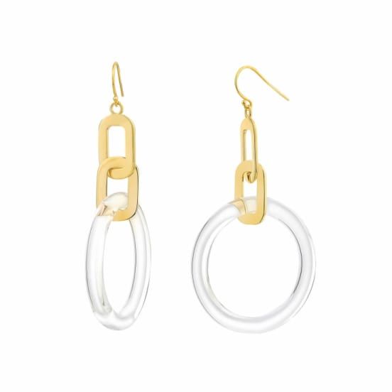 14k yellow gold over sterling silver acrylic dangle link earrings in clear Trendy Yellow Gold Round Jewelry, Trendy Hypoallergenic Dangle Jewelry, Trendy Hypoallergenic Drop Earrings, Trendy Nickel-free Round Jewelry, Trendy Gold Dangle Jewelry, Modern Gold Dangle Jewelry, Modern Metal Drop Earrings, Trendy Circular Metal Jewelry, Modern Round Lucite Jewelry