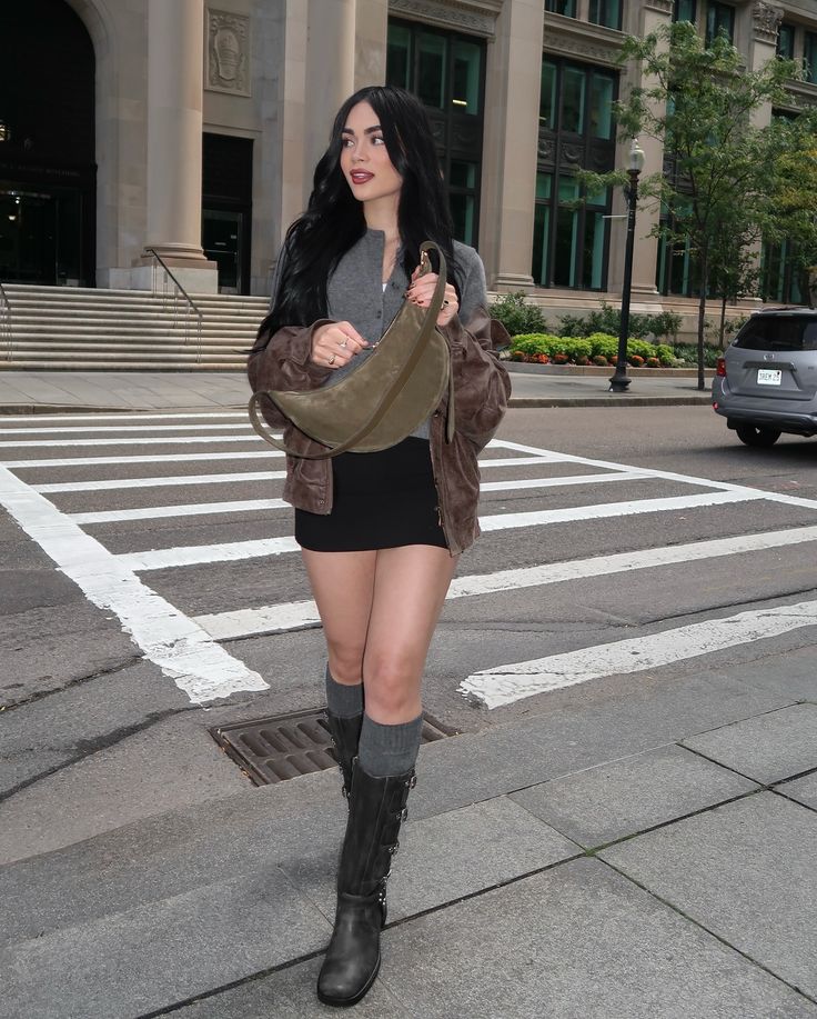 fall layers + moto boots👢 Brown Moto Boots Outfit Fall, Winter Biker Boots Outfit, Shorts And Rain Boots Outfit, Kitten Boots Outfit, Brown Moto Boots Outfit, Moto Boot Outfit, Foldover Boots Outfit, Biker Boots Outfit Winter, Rider Boots Outfit