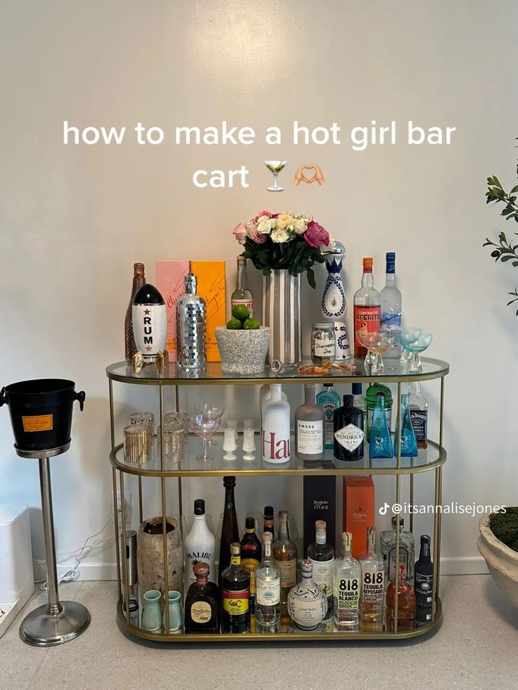 a bar cart filled with liquor bottles and glasses