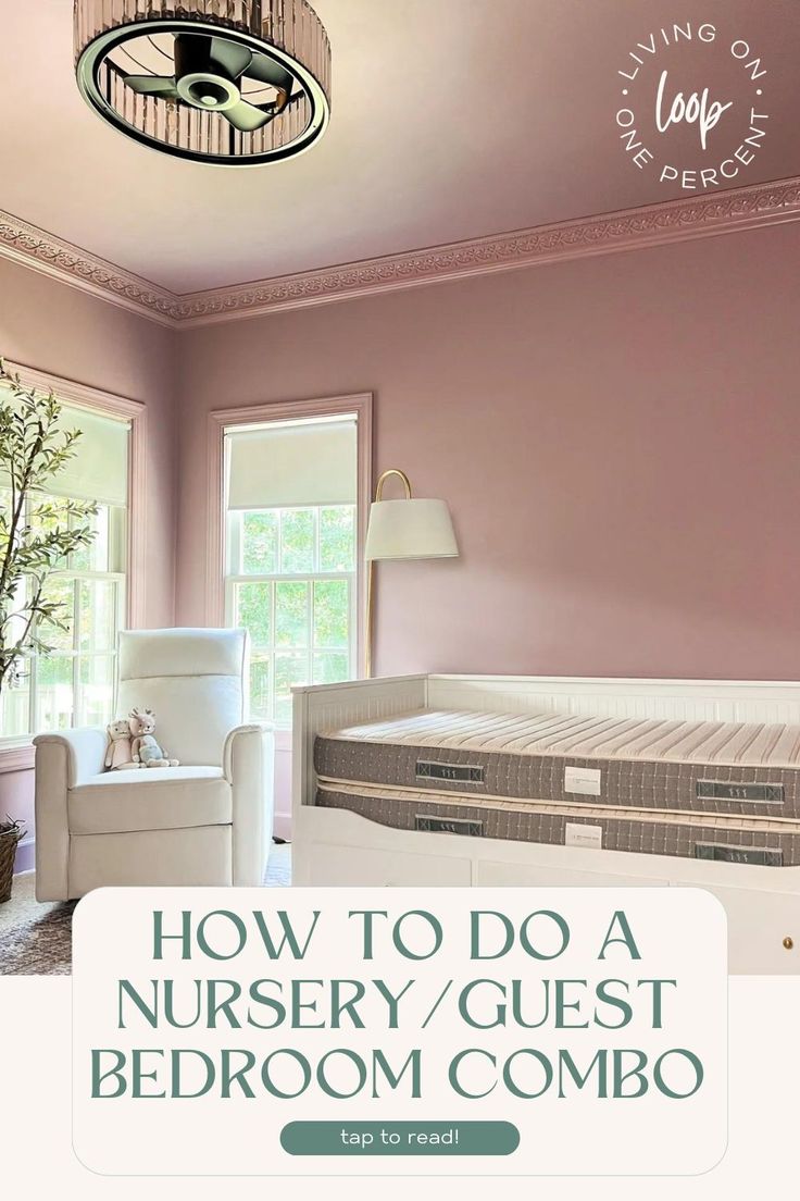 a bedroom with pink walls and white furniture in the corner is an advertisement for how to do a nursery / guest bedroom combo