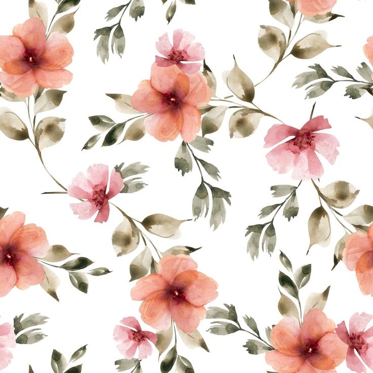 watercolor painting of pink flowers and green leaves on white background, seamless pattern