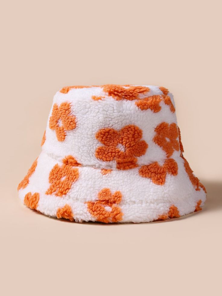 Orange    Polyester  Bucket Hat Embellished   Women Accessories Bucket Hat Ideas, Cute Bucket Hats, Flower Plush, Flower Bucket Hat, Fuzzy Bucket Hat, Fluffy Bucket Hat, Bucket Hat Fashion, Faux Fur Bucket Hat, Fur Bucket Hat