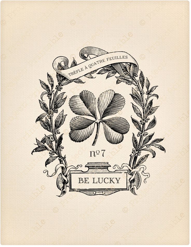 a drawing of a four leaf clover with a ribbon around it's neck and the words, no 7 b lucky