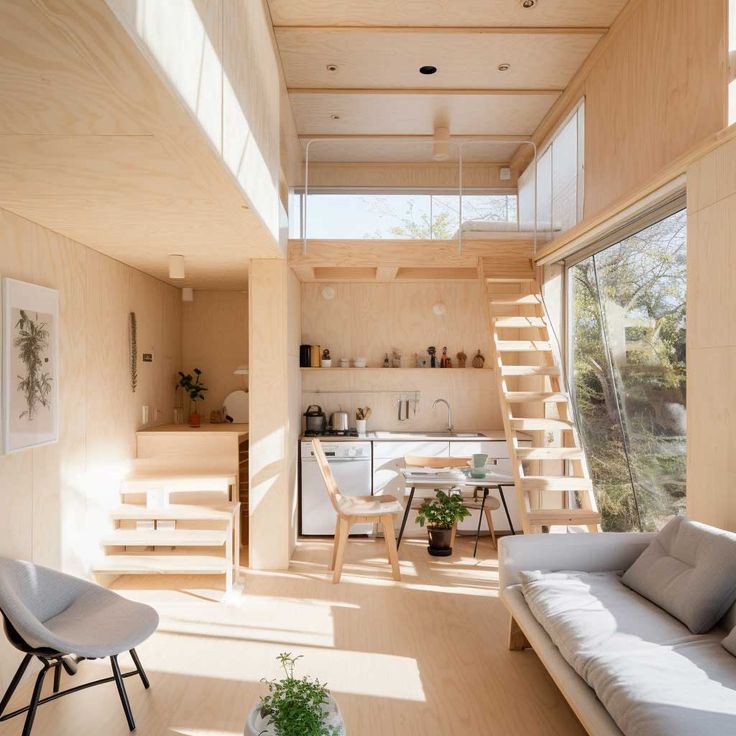 a living room filled with furniture and lots of windows