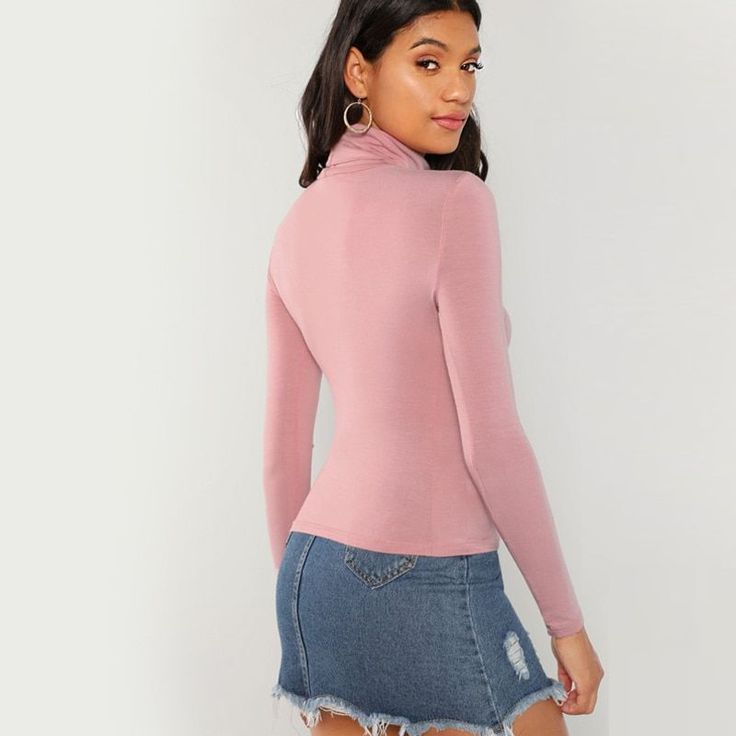 Pink Turtleneck Long Sleeve T-Shirt Blouse - Uniqistic.com Pink Fitted Top For Fall, Pink Fitted Long Sleeve Top, Fitted Top For Fall, Fitted Solid Top For Fall, Pink Turtleneck Tops, Pink High Neck Top For Fall, Pink Stretch T-shirt For Fall, Pink High Neck Tops For Fall, Trendy High Neck Tops For Layering