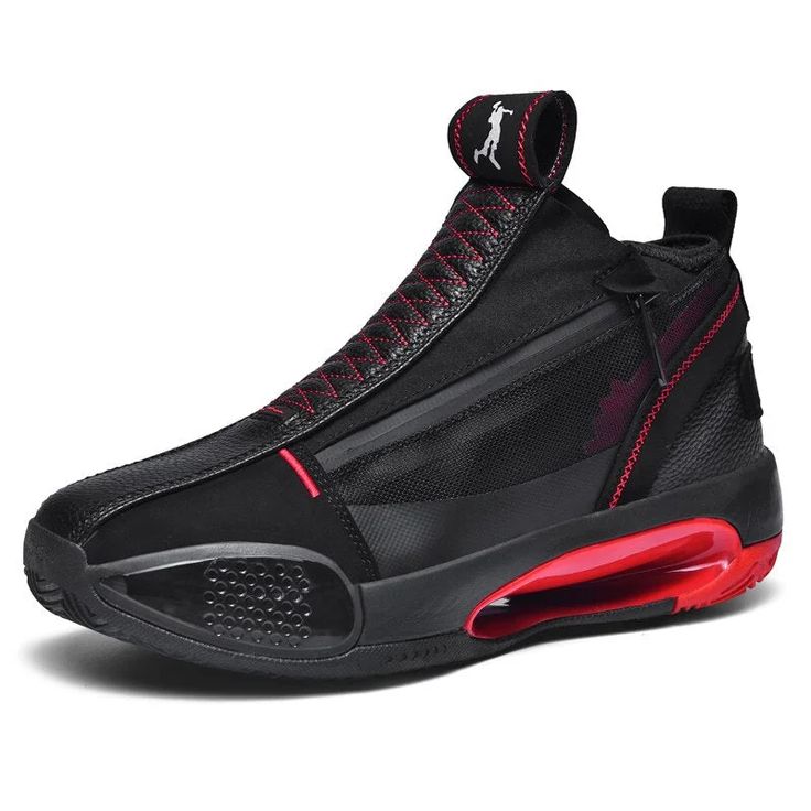 a black and red sneaker is shown on a white background, with the bottom part of