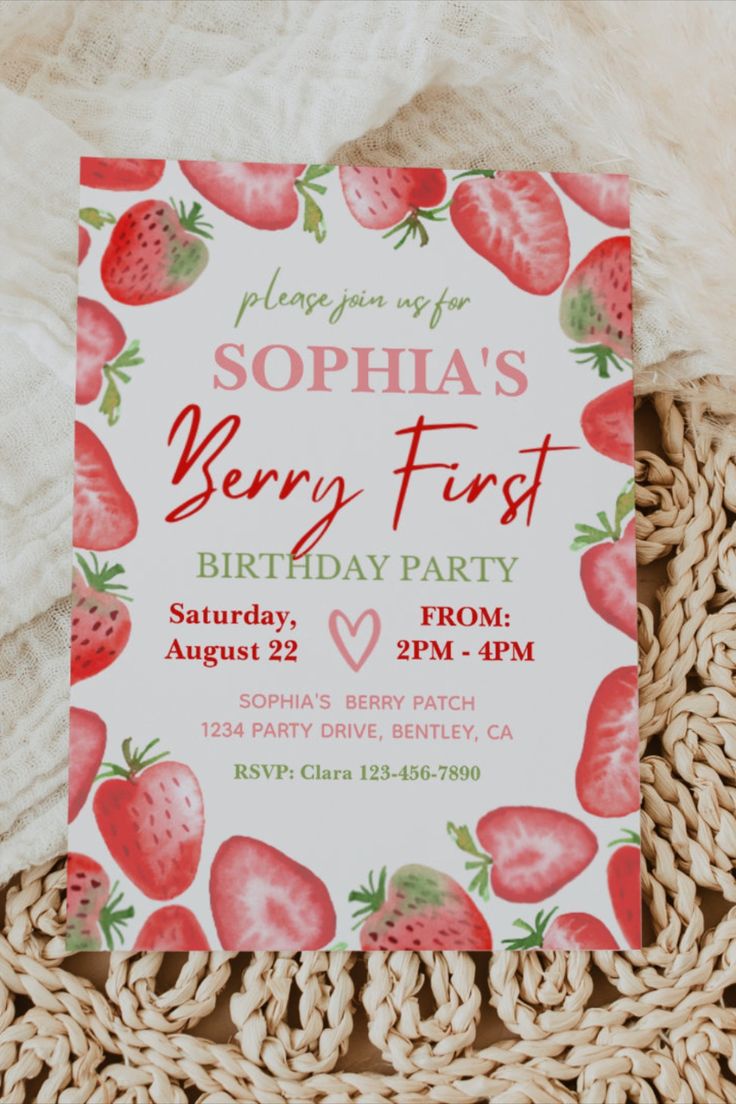 a birthday party with strawberries on it