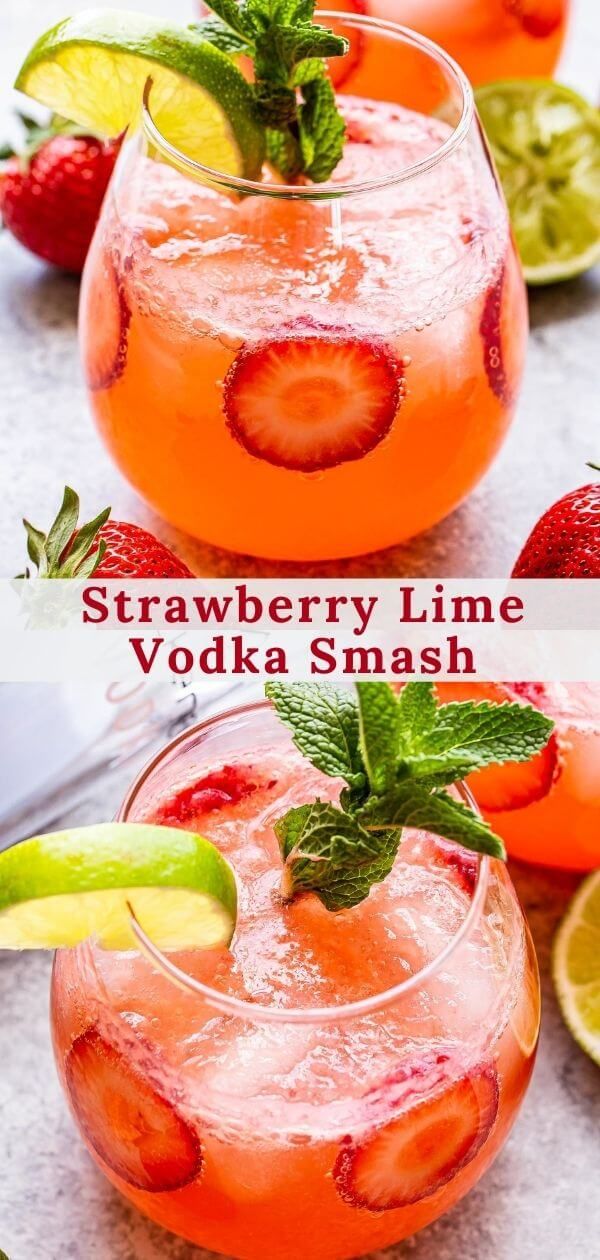 two glasses filled with strawberry lime vodka and garnish