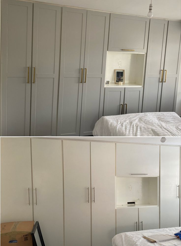 before and after pictures of a bedroom with built in cabinets